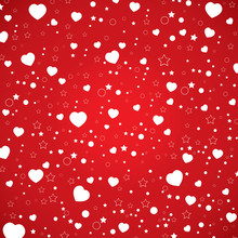 Valentine's Day And White Heart On Sky Pattern. Vector Valentine's Day On Red Background. Heart And Star Background.