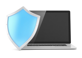 Laptop and shield on white, computer security concept