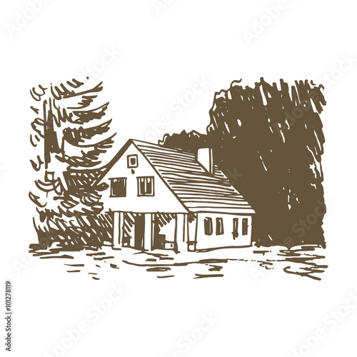 View Of The Country House In The Woods Vector Freehand Pencil Sketch Stock Vector Adobe Stock