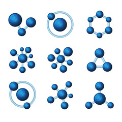 Abstract Blue Molecules Icon Set on White Background. Vector