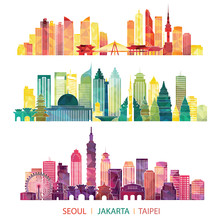 Skyline Detailed Silhouette Set (Seoul, Jakarta, Taipei). Vector Illustration