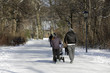 München im winterlichen Englischen Garten: Junge Familie mit Kinderwagen beim Spaziergang