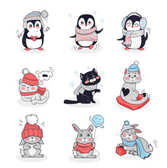 Sticker - Set Animals in Warm Clothes Design Flat