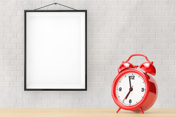 Poster - old alarm clock in front of brick wall with blank frame