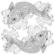 Koi fish. Chinese carps. Adult antistress coloring page. Black and white hand drawn doodle for coloring book