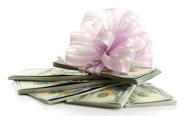 Wall Mural - Dollars and big pink bow isolated on white