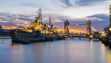 London Views On A Random Tuesday Morning With The HMS Belfast (C35) Warship In The Foreground.