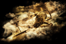 Vintage Style Image Of A World War. Old Biplane In The Sky.