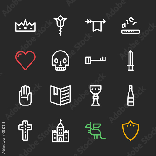 Set Of Line Art Flat Vector Fantasy Icons King Dragon