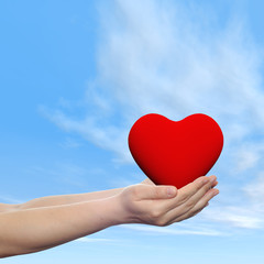 Poster - Conceptual human hand with heart and blue sky