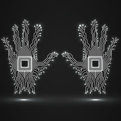 Neon hands. Cpu. Circuit board. Vector illustration. Eps 10