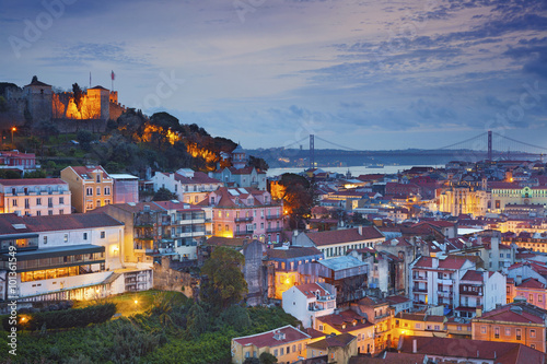 Tapeta ścienna na wymiar Lisbon. Image of Lisbon, Portugal during twilight blue hour.