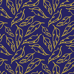 Wall Mural - Golden yellow navy blue feather leaf symbol seamless pattern texture background