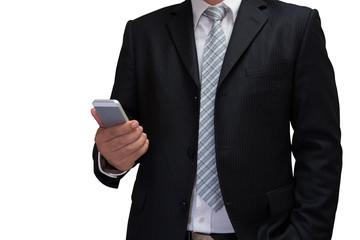 business man holding smart phone in hand isolated on white backg