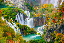 Detailed View Of The Beautiful Waterfalls In The Sunshine In Plitvice National Park, Croatia  