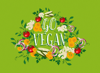 Wall Mural - Go Vegan food illustration with vegetable elements