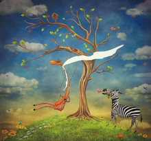 The Illustration Shows Romantic Relations Between A Giraffe And A Zebra