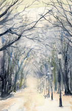 Watercolor Painting Showing Footpath In A  Winter City Park.