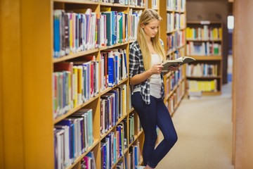 Blonde student reading book next to bookshelf