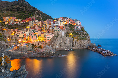 Fototapeta na wymiar Manarola town on the coast of Ligurian Sea at night, Italy