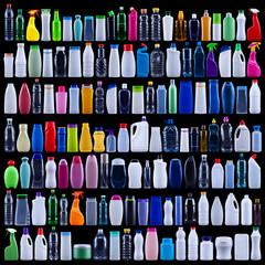 Large set of plastic bottles on black