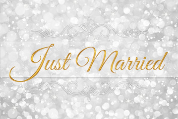 Just Married word on white silver glitter bokeh abstract backgro