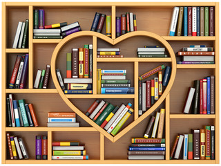 Poster - Education concept. Bookshelf with books and textbooks in form of