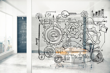 Wall Mural - Business scheme on transparent wall in modern light conference r