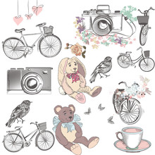 Cute Collection Of Vector Hand Drawn Objects Bicycles Camera Toy