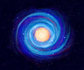 illustration of spiral galaxy, hand drawn stars in space, milky way