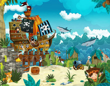 Cartoon Illustration - Pirates On The Wild Island - Illustration For The Children