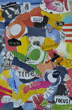 Modern Atmosphere Color  Blue, Red, Yellow, Green,orange, Black And White Mood Board Collage Sheet Made Of Teared Magazine Paper With Figures, Letters, Colors And Textures, Results In Art
