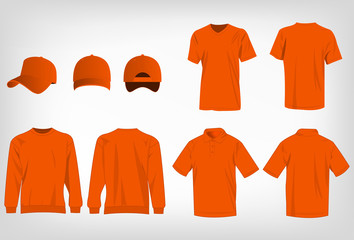 Sport orange t-shirt, sweater, polo shirt and baseball cap isolated set vector