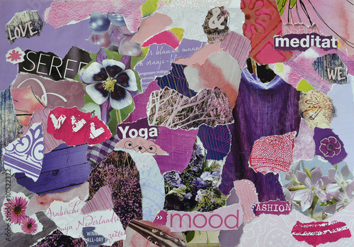 Fotografie, Obraz Atmosphere color aqua, blue, purple and pink serenity mood board collage sheet m