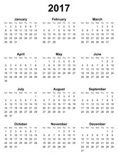 Simple Editable Vector Calendar 2017 On White Background Sunday First