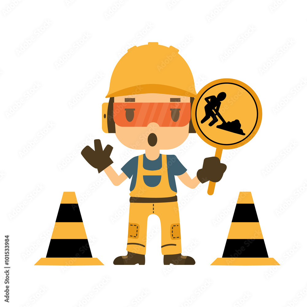 Engineer holding construction road sign, Safety and health, flat style ...