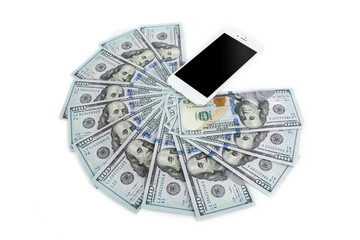 Poster - Smart phone with dollar banknotes, isolated on white. Internet earning concept