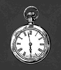 Antique pocket watch. Vector vintage engraved illustration. Black on white background.