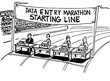 Business cartoon about a data entry marathon race. 