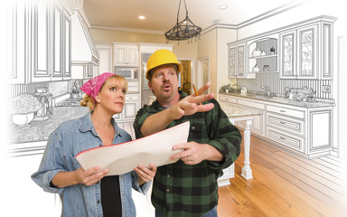 Wall Mural - Contractor Talking with Customer Over Kitchen Drawing and Photo