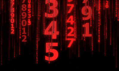 Poster - the cyberspace with many sparkling falling lines numbers, abstract background with red digital lines