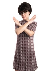 Girl with vintage look doing NO gesture