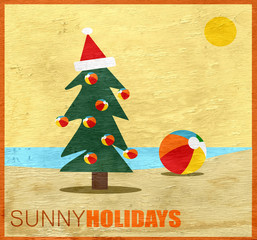 Wall Mural - sunny holidays greeting with tree and beach ball on wood grain texture