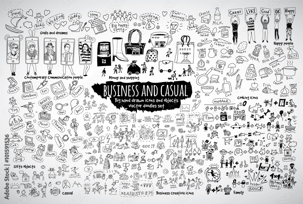 Big bundle business casual doodles icons and objects.  - obrazy, fototapety, plakaty 