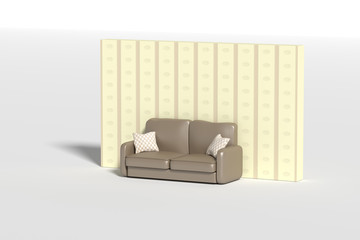 Wall Mural - Three-dimensional sofa with pillows against of wall