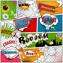 Wall Mural - Comic book page divided by lines with speech bubbles, sounds effect. Retro background mock-up. Comics template. 