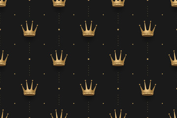 Seamless gold pattern with king crowns on a dark black background. Vector illustration.