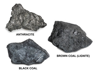 set of coal isolated on white background. anthracite, black coal, brown coal (lignite).