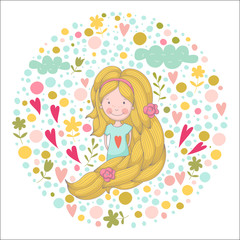 Cute cartoon smiling girl with very long hair on floral backgrou