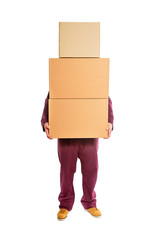 Man with stacked boxes.